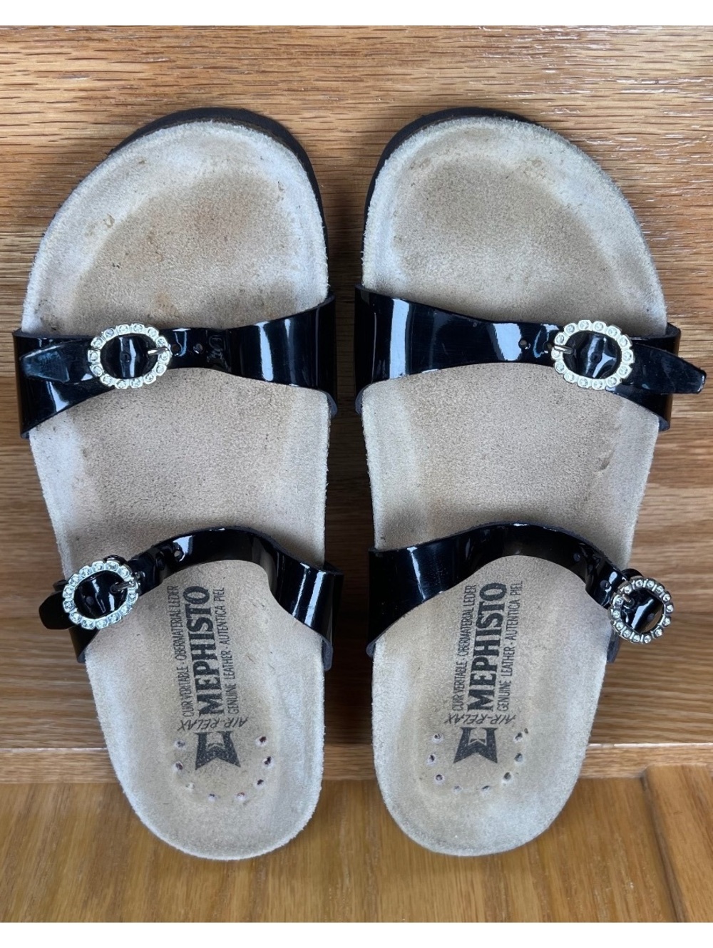 Mephisto Women's Black Patent Leather Sandals with Rhinestone Buckles Size 36
